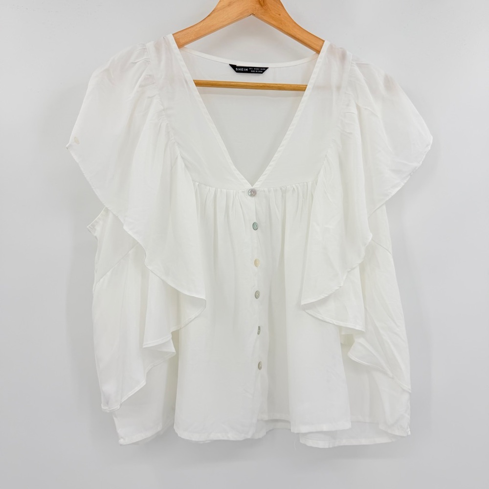 SHEIN White Button-Down Ruffle Feminine Sweet Classy Valley Blouse Size Large - Picture 2 of 5